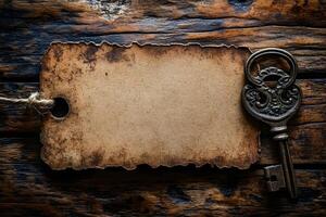 Vintage Key and Blank Rustic Tag on Weathered Wooden Background for Retro Design photo