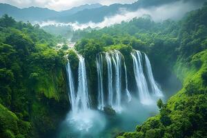 Majestic Waterfall in Lush Jungle Landscape Surrounded by Misty Mountains photo