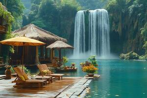 Tranquil Tropical Retreat by a Majestic Waterfall for Relaxation and Nature Escapes photo