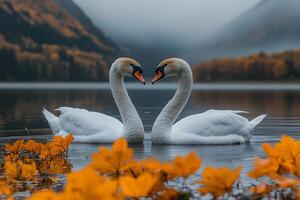Romantic Autumn Scene Two Swans in Tranquil Lake Surrounded by Fall Foliage photo