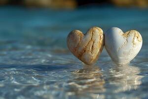 Romantic Beach Getaway Concept with Two Heart-Shaped Rocks in Tranquil Ocean Water photo