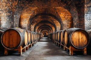 Rustic Wine Cellar with Wooden Barrels in Traditional Brick Vaulted Archway photo