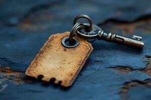 Vintage Key with Rustic Tag on Textured Surface - Antique Design for Poster or Card photo