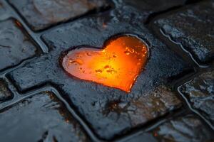 Heart-Shaped Puddle on Wet Cobblestone Glowing with Warm Orange Light photo