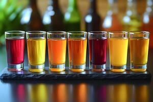 Colorful Assorted Fruit Juice Shots on Slate Tray for Refreshing Beverage Presentation photo