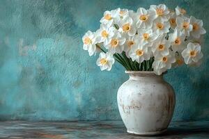 Elegant Spring Daffodils in Rustic Vase Against Textured Turquoise Background photo