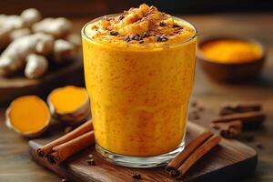 Refreshing Turmeric Ginger Smoothie with Cinnamon on Wooden Board photo