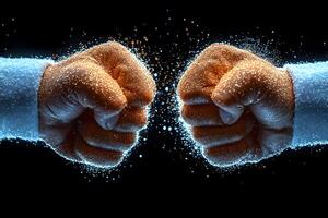 Dynamic Energy Exchange Concept with Two Fists Bumping in Vibrant Particle Explosion photo