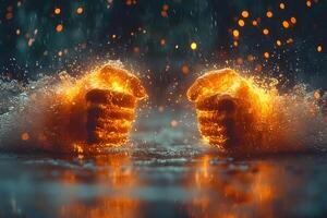 Fiery Hands Emerge from Water with Dynamic Sparks - Conceptual Art for Posters and Designs photo