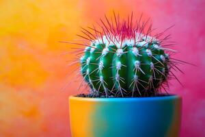 Vibrant Cactus in Multicolored Pot Against Colorful Gradient Background photo