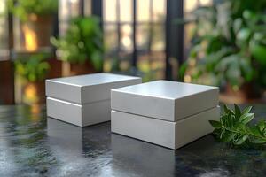 Elegant Minimalist White Boxes on Glossy Surface with Natural Greenery in Sunlit Indoor Setting photo