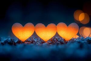 brillante corazones en escarchado ajuste - romántico invierno noche atmósfera para San Valentín día foto