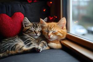 acogedor gemelo gatitos siesta por un ventana con corazón amortiguar para San Valentín día impresión foto