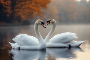 Romantic Autumn Lake with Swans Forming a Heart Shape - Serene Nature Scene photo