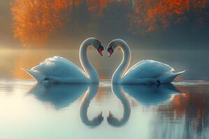 Romantic Autumn Scene with Two Swans on Tranquil Lake at Dawn photo