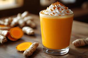 Turmeric Golden Milk with Whipped Cream Topping in a Rustic Setting photo