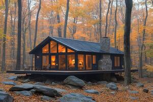 Cozy Cabin Retreat in Autumn Forest with Modern Architecture and Scenic Views photo