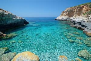 Serene Coastal View of Crystal Clear Blue Waters and Rocky Shoreline for Travel Posters photo