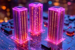 Futuristic Technology Concept with Glowing Skyscraper Circuit Board Design for Digital Innovation photo
