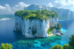 Serene Island Cliff with Lush Greenery and Turquoise Waters Ideal for Nature Retreats photo