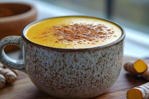 Warm Spiced Turmeric Latte in Rustic Ceramic Mug for Cozy Moments photo