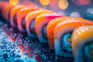 Vibrant Sushi Roll Display with Salmon and Avocado on Reflective Surface photo