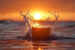 Splashing Water in Sunset Glow Tranquil Ocean Scene for Summer Vibes and Relaxation photo