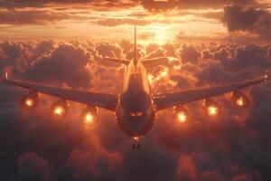 Majestic Airplane Soaring Through a Glorious Sunset Cloudscape photo