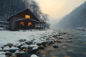Cozy Winter Cabin in Snowy Forest by Tranquil River at Dusk photo