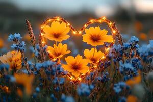 Heart-Shaped Floral Glow Illuminated Spring Wildflowers for Romantic Design photo