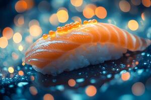 Gourmet Sushi Delight with Salmon Nigiri in Elegant Bokeh Setting photo