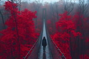 Solitary Walk on Suspended Bridge Amidst Misty Autumn Forest with Red Foliage photo