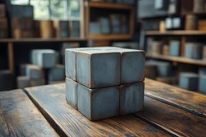 Rustic Wooden Cube Puzzle on Vintage Table in Cozy Workshop Setting photo