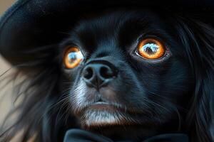 Charming Black Dog in Elegant Hat with Striking Amber Eyes for Conceptual Pet Photography photo