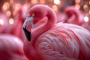 Elegant Pink Flamingo with Dewy Feathers Against Bokeh Background for Nature Photography photo
