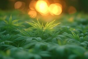 Sunset Illuminated Greenery Nature's Lush Foliage in Tranquil Light photo