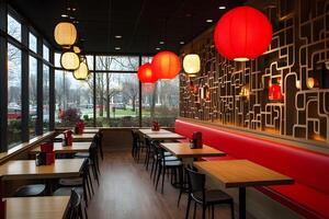 Modern Asian Restaurant Interior with Red Lanterns and Minimalist Design for Dining Spaces photo