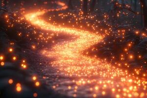 Magical Fireflies Illuminating a Mystical Forest Path at Night photo