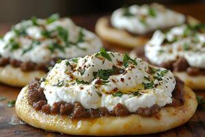 Freshly Made Flatbreads with Minced Meat and Creamy Yogurt Garnish for Culinary Art and Food Photography photo