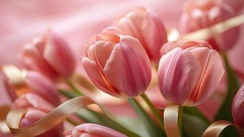 Pink tulips resting on delicate pink silk drapes photo
