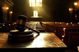 Gavel resting on judge's bench in empty courtroom with sunlight streaming through window photo