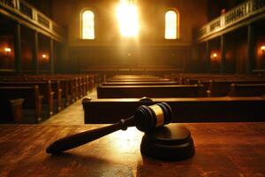 Gavel resting on judge's bench in empty courtroom with sunlight streaming through window photo