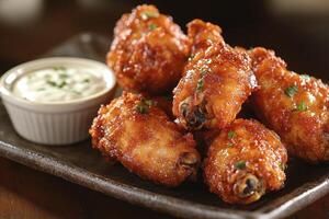 Delicious glazed chicken wings with ranch dressing on a plate photo