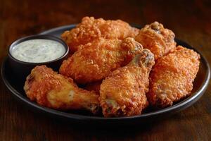 Crispy fried chicken wings with dipping sauce on dark plate photo