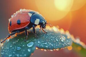 Ladybug walking on wet leaf at sunset photo