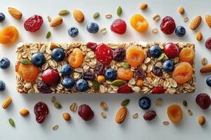 Cereal bar with nuts, dried fruits and fresh berries promoting healthy eating habits photo