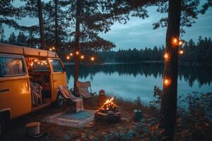 Camper van enjoying cozy campfire by the lake at sunset photo