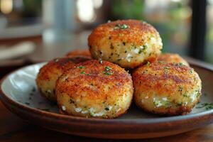 Delicious breaded potato croquettes with broccoli and cheese resting on a plate photo
