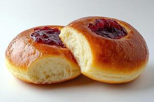 Two halves of sweet bread filled with jelly showing soft inside on white background photo