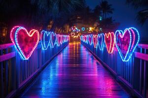 Romantic pier with neon lights and hearts at twilight photo